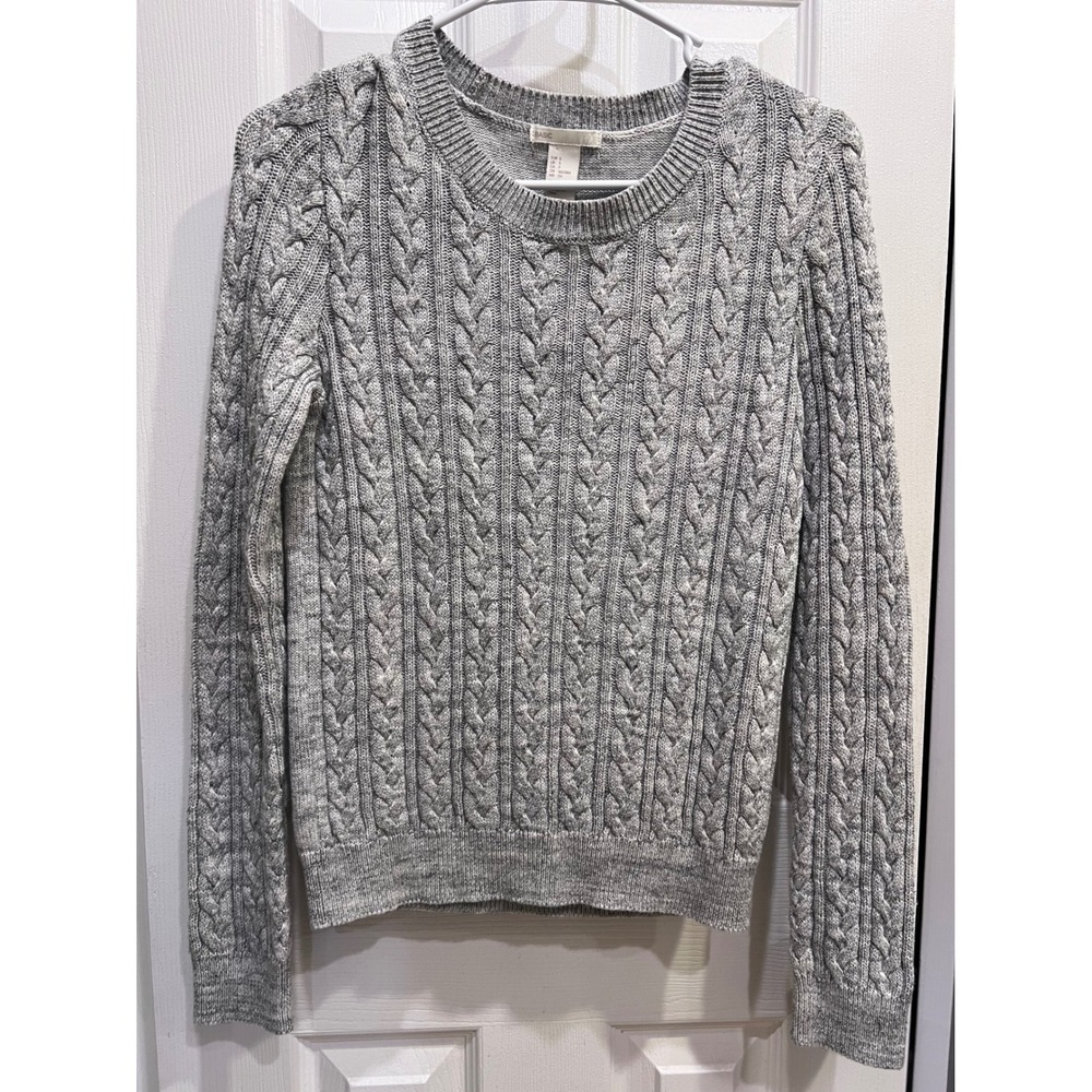 H&M Basic Womens Grey Cable Knit Sweater Crew Neck Long Sleeve Cotton Blend S